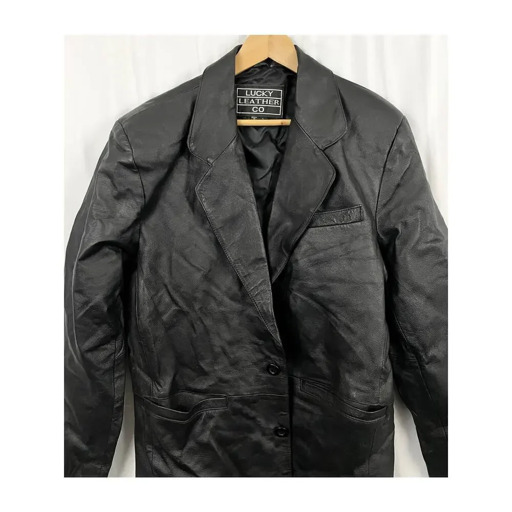 VTG Black Genuine Leather Jacket LARGE Lined Button Collar Lucky Leather Company